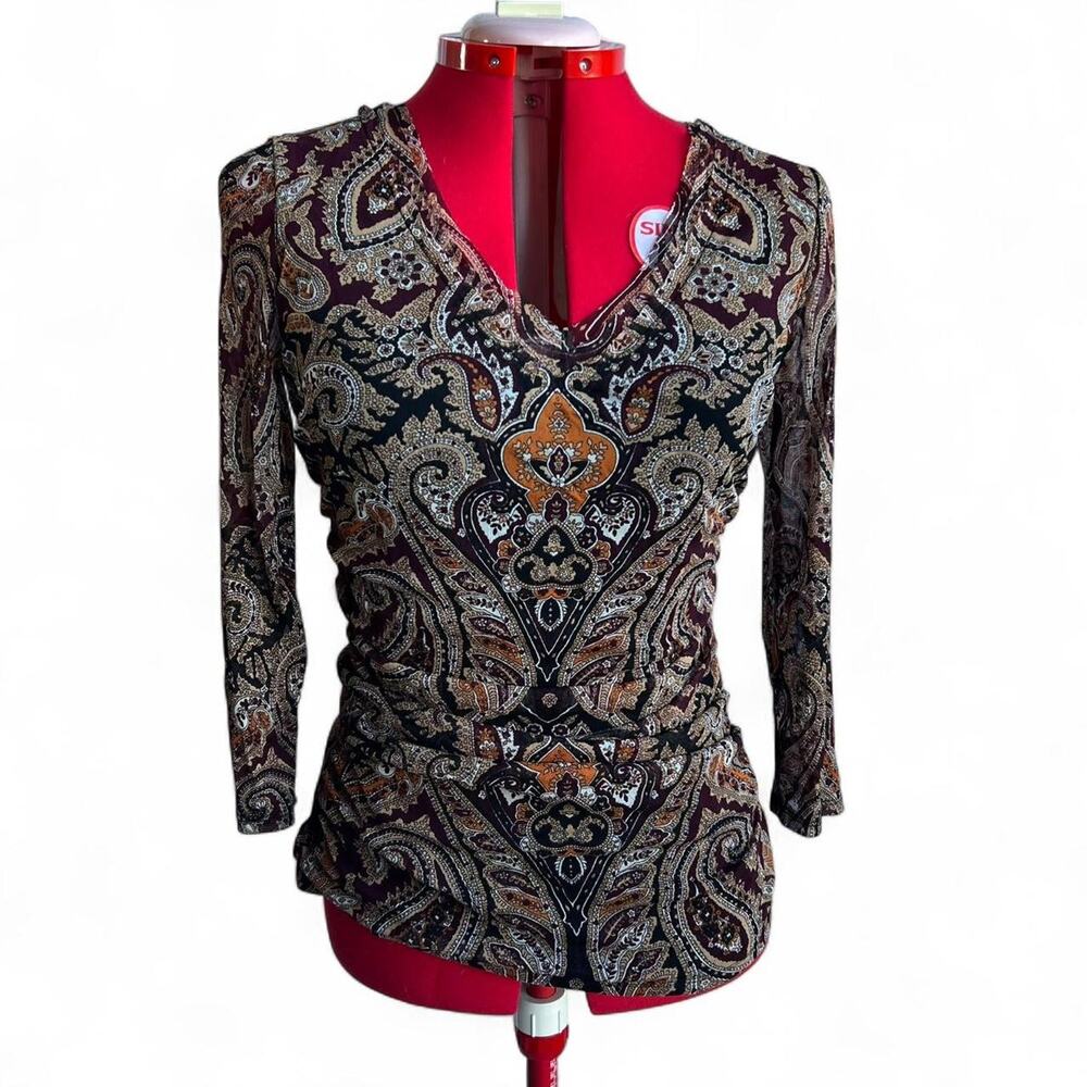 Y2k‎ Brown Purple & Orange Paisley V Neck Mesh Top Size XL